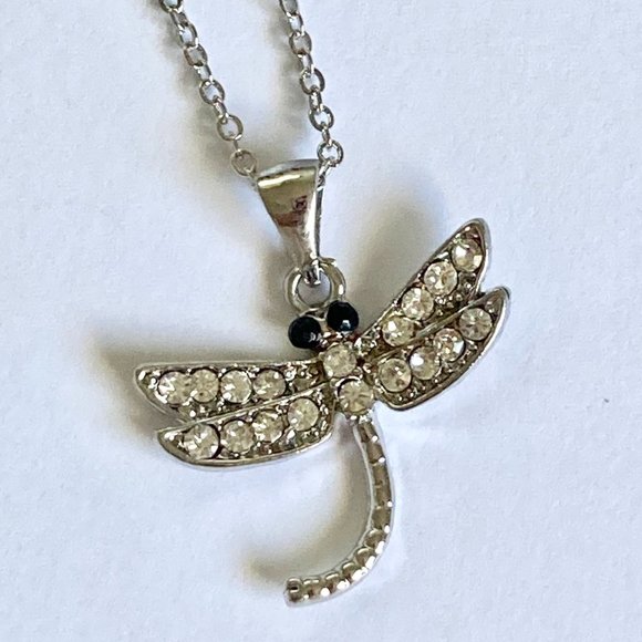 Dragonfly Necklace Crystal Silver Plated Pendant Insect Bug Sparkly 16-18" Chain - Picture 6 of 10